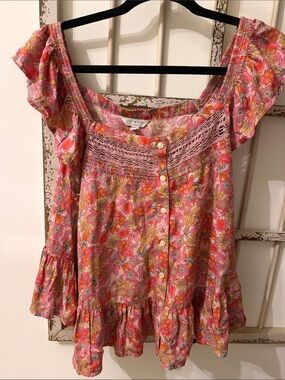 Lucky Brand Pink Floral Crochet-Yoke Button Front Top